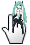  aqua_eyes aqua_hair cursor detached_sleeves hatsune_miku highres long_hair looking_at_viewer necktie pixels shuuhei_(shoohey) simple_background sitting skirt smile solo twintails vocaloid 