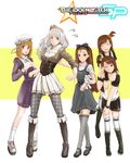  black_legwear boots breasts brown_hair closed_eyes copyright_name dress flying_sweatdrops futami_ami futami_mami grin hagiwara_yukiho hair_bobbles hair_ornament hair_ribbon hat holding idolmaster idolmaster_(classic) kanaa_(apple_tea_z) large_breasts leaning_forward long_hair lowres minase_iori multiple_girls oekaki one_eye_closed open_mouth pantyhose ribbon salute shijou_takane short_hair short_ponytail siblings side_ponytail silver_hair sisters smile socks star stuffed_animal stuffed_bunny stuffed_toy sweatdrop thighhighs twins wavy_hair 