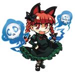 animal_ears bangs blunt_bangs bow braid cat_ears dress extra_ears fang frilled_dress frills ghost glowing glowing_eyes hand_on_hip hitsuji_bako kaenbyou_rin mary_janes open_mouth pointy_ears red_eyes red_hair ribbon shoes skull solo spirit touhou twin_braids white_legwear 