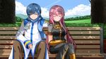  1girl bad_id bad_pixiv_id bench blue_hair boots closed_eyes cloud day kaito long_hair megurine_luka outdoors pink_hair sitting sky smile thighhighs tree vocaloid yakitori_(oni) 
