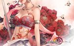  barbell_piercing bare_shoulders breasts cleavage earrings head_out_of_frame highres jewelry jian_xia_qing_yuan jian_xia_qing_yuan_online_3 large_breasts lips navel_cutout official_art piercing solo sword tattoo wallpaper weapon zhang_xiaobai 