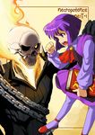  1girl :o alice_(asura_blade) angry asura_blade bob_cut book carrying chain cravat fire ghost_rider height_difference highres marvel no~ma open_mouth pantyhose purple_eyes purple_hair purple_legwear purple_skirt shoes short_hair size_difference skirt skull yellow_background 
