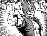  1boy abs araki_hirohiko_(style) bad_link beanie closed_mouth ears_under_headwear facial_hair flat_chest goggles goggles_on_headwear hat highres jacket jojo_pose lazytown long_mustache male_focus menacing_(jojo) monochrome mustache parody pointing rewinderon serious solo sportacus style_parody 