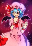  ;d bad_id bad_pixiv_id bat_wings blue_hair bow fang hand_up hat highres one_eye_closed open_mouth red_eyes remilia_scarlet smile solo touhou tyeinn-suineryuu wings wrist_cuffs 