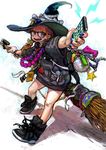  backpack bag bandaid bespectacled broom cellphone glasses green_eyes hat highres jewelry jon_taira necklace phone pixiv_fantasia pixiv_fantasia_wizard_and_knight red_hair shoes smartphone solo witch_hat 