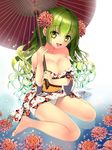  :d bad_id bad_pixiv_id bare_legs bare_shoulders barefoot breasts cleavage floral_print flower green_hair hair_flower hair_ornament happy large_breasts legs long_hair off_shoulder open_mouth oriental_umbrella original panties pantyshot pantyshot_(sitting) partially_submerged sitting smile solo thighs umbrella underwear wariza water wavy_hair white_panties yadapot yellow_eyes 