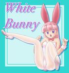 animal_ears bare_shoulders bow bowtie bunny_ears bunny_tail bunnysuit cameltoe copyright_request english high_heels legs leotard long_hair open_mouth pantyhose pink_hair purple_eyes shoes solo tail uraharukon white_legwear 
