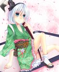  alternate_costume arm_support bad_id bad_pixiv_id black_hairband blue_eyes calligraphy_brush clog_sandals ghost hairband highres hitodama ikeda_hazuki japanese_clothes kimono konpaku_youmu konpaku_youmu_(ghost) obi paintbrush sash scroll short_hair silver_hair solo tabi touhou white_legwear 