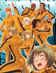  2girls 6+boys antonio_lopez barnaby_brooks_jr black_hair blonde_hair blush bodysuit brown_hair bruce_lee's_jumpsuit chest_hair completezero cosplay fighting_stance glasses green_eyes huang_baoling huang_baoling_(cosplay) ivan_karelin kaburagi_t_kotetsu karina_lyle keith_goodman multiple_boys multiple_girls nathan_seymour orange_bodysuit pink_hair short_hair tiger_&amp;_bunny 