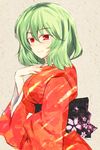  breasts floral_print green_hair highres hyaa japanese_clothes kazami_yuuka kimono medium_breasts obi red_eyes sash short_hair smile solo touhou 