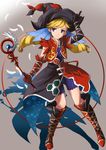  adjusting_clothes adjusting_hat asymmetrical_clothes blonde_hair blue_eyes boots dress feathers full_body gloves grey_background hat highres knee_boots long_hair myriam_(saga) no~ma romancing_saga romancing_saga_minstrel_song saga shadow shorts shorts_under_skirt smile solo twintails vest wand witch_hat 