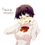  :d blue_hair blush bow bowtie breasts closed_eyes crying english glasses hakamichi_shizune ikari_shinji katawa_shoujo lowres medium_breasts neon_genesis_evangelion open_mouth puffy_sleeves school_uniform shirt short_hair simple_background smile solo tears text_focus upper_body weee_(raemz) white_background wiping_tears 