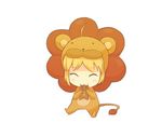  :3 ^_^ ahoge animal_costume artoria_pendragon_(all) blonde_hair chibi closed_eyes eating fate/tiger_colosseum fate_(series) gingerbread_cookie lion lion_costume mister_donut pon_de_lion saber_lion solo teateateatea 