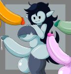 adventure_time balls big_penis bodily_fluids breasts butt cartoon_network clothing cum elemental_creature flame_princess genital_fluids genitals grey_body grey_skin group gynomorph hand_on_breast hi_res humanoid huntress_wizard intersex legwear marceline_abadeer penis poraka7 princess_bubblegum stockings vampire