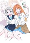  2girls absurdres arm_up artist_name blue_eyes blue_hair blue_overskirt blue_ribbon blue_skirt blunt_ends blush breast_pocket breasts brown_cardigan cardigan cardigan_around_waist cellphone closed_eyes clothes_around_waist collared_shirt commentary_request curled_fingers dot_nose dress_shirt embarrassed eyelashes fingernails gakuen_idolmaster grey_hair grin gyaru hair_ornament hairpin half_updo hand_up hatsuboshi_gakuen_school_uniform heart heart_necklace highres holding holding_phone idolmaster invisible_chair jacket jewelry katsuragi_lilja long_hair long_sleeves looking_at_phone miniskirt multicolored_hair multiple_girls multiple_hairpins neck_ribbon necklace open_mouth orange_hair overskirt phone pink_nails pleated_skirt pocket ribbon school_uniform selfie shirt shiun_sumika short_bangs short_hair sidelocks signature sitting skirt sleeves_rolled_up smartphone smile streaked_hair swept_bangs tako102jda teeth thighs two-tone_hair upper_teeth_only white_background white_jacket white_shirt zoom_layer 