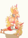  alternate_costume animalization bad_deviantart_id bad_id barefoot bike_shorts blonde_hair chain cuffs dual_persona exercise grin gym_uniform horn horse hoshiguma_yuugi long_hair my_little_pony my_little_pony_friendship_is_magic parody pointy_ears push-ups red_eyes sitting sitting_on_person smile supahbeefcakes touhou transparent_background unicorn very_long_hair 