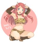  1girl animal_print armpits arms_up azuki_(aduki) bikini blue_eyes blush bow breasts cleavage collar full_body hair_bow horns long_hair looking_at_viewer lum medium_breasts minamoto_sakura navel oni_horns open_mouth polka_dot polka_dot_bow red_hair solo squatting swimsuit zombie_land_saga 