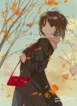  1girl autumn autumn_leaves bag bangs black_coat blue_sky brown_eyes brown_hair carrying casual closed_mouth cloud cloudy_sky commentary dated day eyebrows_visible_through_hair from_side frown girls_und_panzer handbag leaf long_sleeves macho_ojiji nishizumi_maho outdoors short_hair sky solo standing tree twitter_username wind 