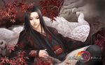  bird chinese_clothes closed_eyes hanfu highres jian_xia_qing_yuan jian_xia_qing_yuan_online_3 lips male_focus official_art peacock solo wallpaper zhang_xiaobai 