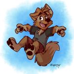  barefoot canid canine canis clothing domestic_dog floating male mammal matt_riskely open_mouth shirt shorts smile solo t-shirt tinydeerguy 