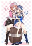  :d atelier_(series) atelier_rorona atelier_totori bangle bangs barefoot barrel blue_eyes blue_footwear blue_sleeves blunt_bangs blush boots bracelet breasts brown_eyes brown_hair cape checkered checkered_background cleavage commentary_request detached_sleeves flat_chest hat headdress highres hinasaki_you holding_hands jewelry knee_boots legs looking_at_viewer medium_breasts multiple_girls nail_polish open_mouth orange_hair pendant rororina_fryxell shoes single_shoe single_thighhigh sitting sitting_on_object skirt smile symmetrical_hand_pose thigh_boots thighhighs toenail_polish totooria_helmold 
