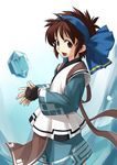  ainu_clothes aqua_background blue blue_shorts brown_eyes brown_hair fingerless_gloves gloves gradient gradient_background hairband konril no~ma rimururu samurai_spirits short_hair shorts smile solo white_background 