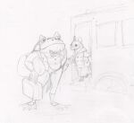 2024 american_bullfrog amphibian anthro bottomwear bow_tie clothed clothing coat duo ed_mortis eye_contact eyelashes female female_anthro frog fully_clothed fur graphite_(artwork) greyscale half-closed_eyes hand_holding holding_suitcase larger_male looking_at_another male male_anthro mammal monochrome murid murine narrowed_eyes pencil_(artwork) plantigrade purse ranid rodent size_difference sketch skirt smaller_female spats stairs standing suit_jacket topwear traditional_media_(artwork) train vehicle wheel wood_mouse