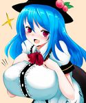  :d blue_hair blush breast_suppress breasts doyagao han_(jackpot) hat hinanawi_tenshi huge_breasts long_hair open_mouth red_eyes smile smug solo sparkle touhou v-shaped_eyebrows 