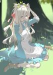  1girl absurdres apron blue_dress boots brown_footwear commentary_request day dress forest full_body hair_ribbon head_wreath highres kagerou_project kozakura_marry long_hair long_sleeves looking_at_viewer mo011010 nature open_mouth outdoors pink_ribbon ribbon sitting smile solo very_long_hair wariza white_apron white_hair 