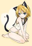  angry animal_ears bad_id bad_pixiv_id barefoot blonde_hair blue_eyes cat_ears cat_tail fang hazuki_natsu kagamine_rin kemonomimi_mode looking_at_viewer navel no_pants panties short_hair solo striped striped_panties tail underwear vocaloid 