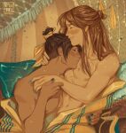  2boys abs afterglow amonimy artist_name bare_shoulders bead_curtain blush body_freckles brown_hair chinese_hairpin closed_eyes collarbone commentary_request couple dark_skin feng_xin freckles green_nails hair_ribbon head_on_chest hickey highres hug kissing_chest long_hair lying male_focus multiple_boys muscular muscular_male nipples on_bed pillow ribbon robe russian_commentary smile tianguan_cifu toned toned_male topless_male xie_lian yaoi yellow_ribbon yellow_robe 
