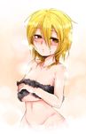  :o blonde_hair blush breasts brown_eyes collarbone face groin harusame_(unmei_no_ikasumi) lunasa_prismriver navel nipples no_hat no_headwear nude short_hair small_breasts solo touhou towel upper_body wet wet_hair 