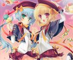  blonde_hair blue_hair cake candy contemporary food fruit green_eyes hat hat_ribbon holding_hands houtou ice_cream interlocked_fingers katagiri_hinata koihime_musou long_hair multiple_girls official_art panties pantyshot red_eyes ribbon school_uniform shokatsuryou short_hair skirt smile strawberry twintails underwear upskirt 