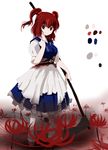  bad_id bad_pixiv_id clog_sandals coin digital_(digital001) flower hair_bobbles hair_ornament jpeg_artifacts obi onozuka_komachi red_eyes red_hair sash scythe simple_background smile solo spider_lily standing touhou two_side_up weapon 