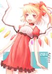  alternate_costume alternate_headwear blush flandre_scarlet happy_new_year hat hat_ribbon kokotetsu new_year open_mouth red_eyes red_skirt ribbon side_ponytail skirt smile solo touhou wings 