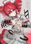  1girl absurdres ahoge artist_name beruko14 black_sleeve_cuffs bow buttons double-breasted drill_hair gradient_background grey_jacket grey_skirt hair_between_eyes hair_bow hair_ribbon highres jacket kasane_teto kasane_teto_(sv) long_sleeves looking_at_viewer midriff midriff_peek musical_staff_print red_eyes red_hair red_trim ribbon shirt shoulder_belt shoulder_boards skirt sleeve_cuffs smile solo staff_(music) striped_clothes striped_jacket synthesizer_v twin_drills utau vocaloid white_bow white_ribbon 