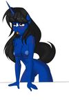  black_hair blue blue_fur blue_nipples blush breasts equine facial_marking facial_markings female fur hair horn horse klodette kloudmutt long_hair mammal markings nipples nude open_mouth plain_background red_eyes short_hair solo standing tail thighs tongue tongue_out unicorn white white_background 