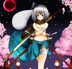  bad_id bad_pixiv_id bandages bare_shoulders black_hairband breasts cherry_blossoms cleavage dual_wielding full_moon ghost groin hairband highres hitodama holding katana konpaku_youmu konpaku_youmu_(ghost) lantern lystick moon navel night no_shirt red_moon sarashi scabbard scarf sheath sheathed short_hair silver_hair skirt small_breasts solo sword torn_clothes torn_skirt touhou tree weapon 