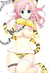  :o animal_ears animal_print bell bell_collar blue_eyes blush braid breasts chain cleavage collar garters highres large_breasts long_hair looking_at_viewer midriff navel nipples original paws pink_hair shiny shiny_skin shirt_lift simple_background solo striped tail thigh_gap tiger_ears tiger_paws tiger_print tiger_tail white_background yan-yam 