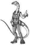  apatosaurus barefoot black_and_white bracelet breasts claws clothed clothing dinosaur ear_piercing female greyscale jewelry long_neck monochrome necklace pants piercing plain_background predaguy scalie solo tail white_background 