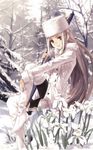  avalon_(fate/stay_night) boots coat fate/zero fate_(series) flower fur_hat hat iris_(flower) irisviel_von_einzbern konoe_ototsugu long_hair pantyhose sheath sitting snow solo thigh_boots thighhighs white_hair 