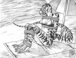  beach beach_umbrella bikini black_and_white blanket bondage bound breasts claws clothed clothing dinosaur female greyscale monochrome predaguy rope sand scalie seaside skimpy solo swimsuit tail teeth tyrannosaurus_rex umbrella water 