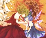  blue_eyes blue_hair child cirno flower forehead-to-forehead friends green_hair height_difference kazami_yuuka multiple_girls red_eyes short_hair smile sunflower touhou wings yoss_3 