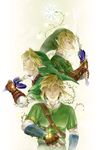  blonde_hair blue_eyes bracer closed_eyes earrings fingerless_gloves flower gloves hat highres holding holding_sword holding_weapon jewelry left-handed link male_focus multiple_boys multiple_persona pointy_ears sword the_legend_of_zelda the_legend_of_zelda:_ocarina_of_time the_legend_of_zelda:_skyward_sword the_legend_of_zelda:_twilight_princess tometo_pot triforce weapon 