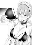  1boy 1girl bikini blush breasts chicke_iii choker cleavage commentary frilled_choker frills go-toubun_no_hanayome greyscale highres large_breasts maid maid_bikini maid_headdress monochrome multiple_views nakano_ichika navel nipple_stimulation nipple_tweak nipple_tweak_through_clothes pink_hair short_hair swimsuit symbol-only_commentary unconventional_maid 