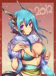  2012 bikini_top blue_hair breasts dragon_girl dragon_tail horns kara_(color) large_breasts long_hair looking_at_viewer monster_girl original pink_eyes pointy_ears smile solo tail 