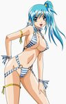  :&gt; artist_request bikini blue_hair breasts covered_nipples divergence_eve highres kureha_misaki large_breasts side_ponytail solo striped striped_bikini striped_swimsuit swimsuit 