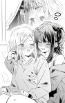  2girls blush book commentary greyscale groping highres izumi_shiho kiss long_hair lwmina70119 medium_hair mizuguchi_aki mole mole_under_eye monochrome multiple_girls nail_polish off_shoulder one_eye_closed one_side_up open_book open_mouth sasayaku_you_ni_koi_wo_utau sidelocks sweatdrop sweater yuri 