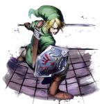  blonde_hair blue_eyes boots from_above gloves highres holding holding_sword holding_weapon imaoka left-handed link male_focus pointy_ears shield solo sword the_legend_of_zelda the_legend_of_zelda:_twilight_princess weapon 