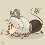  animal_ears bad_id bad_pixiv_id basket chibi dowsing_rod dress grey_hair katsudansou kneeling lying mouse_ears mouse_tail nazrin on_stomach open_mouth short_hair solo tail touhou |_| 